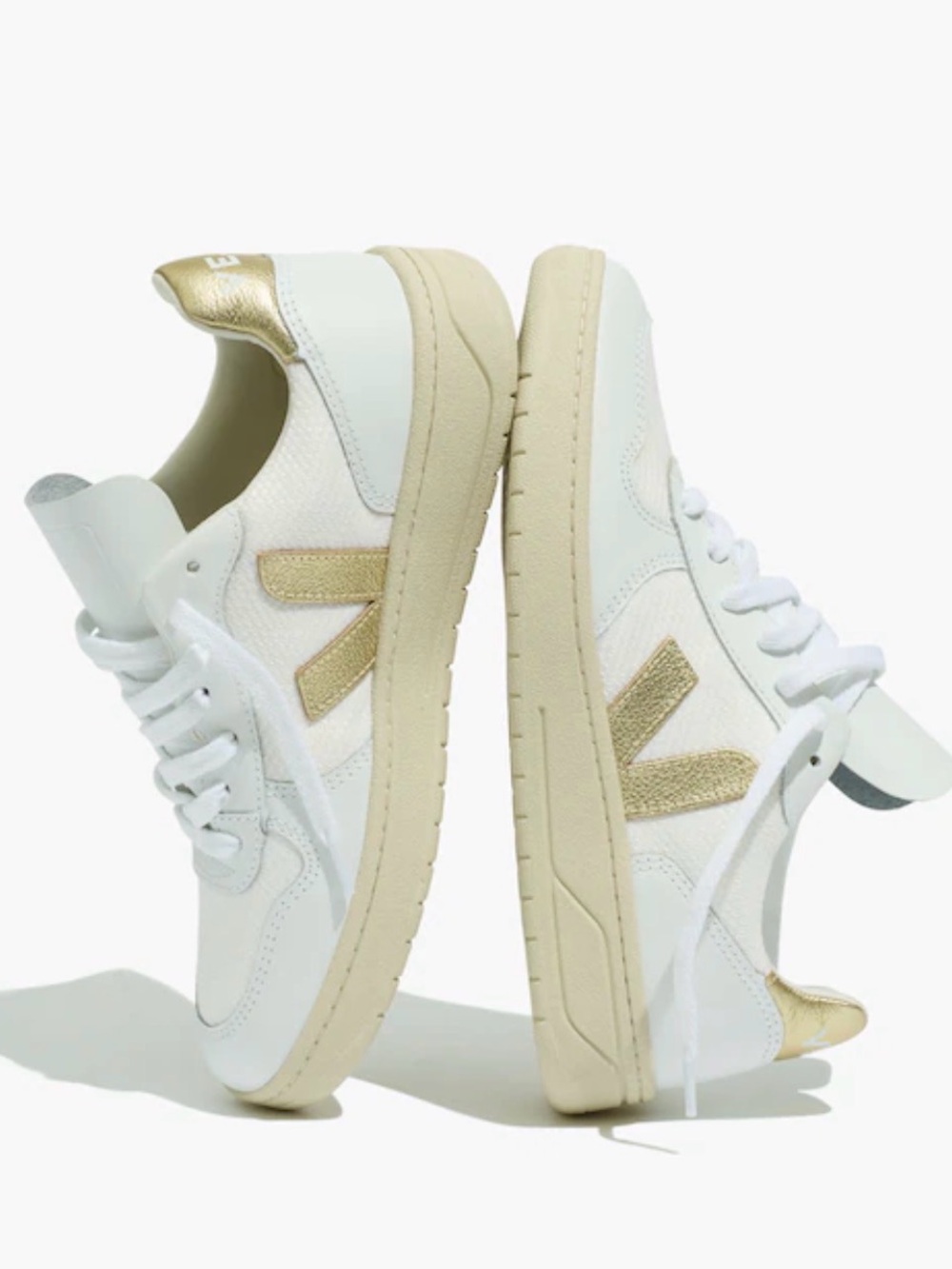 Veja™ V-10 Lace-Up Sneakers in White with Gold Accents sz 36